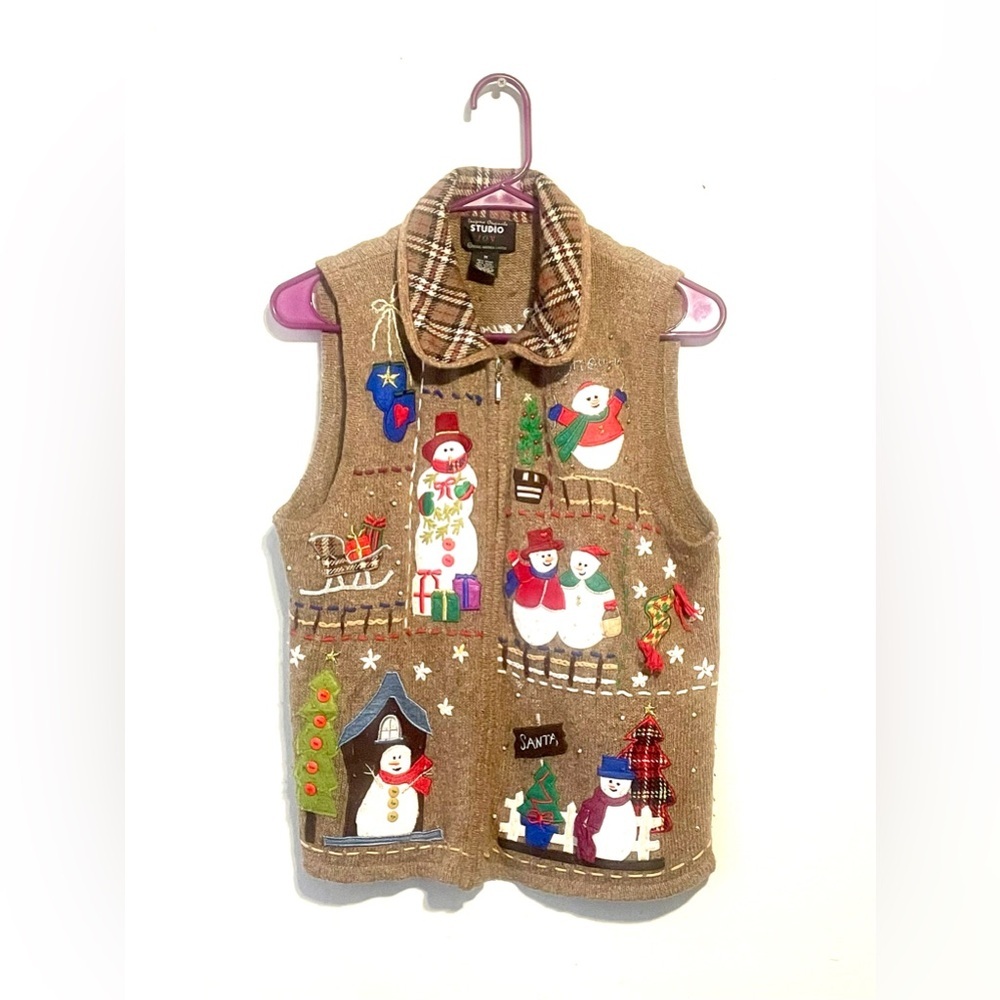Studio Joy Christmas Sweater Vest Snowmen Size‎ M Zipper Plaid Brown Patchwork
